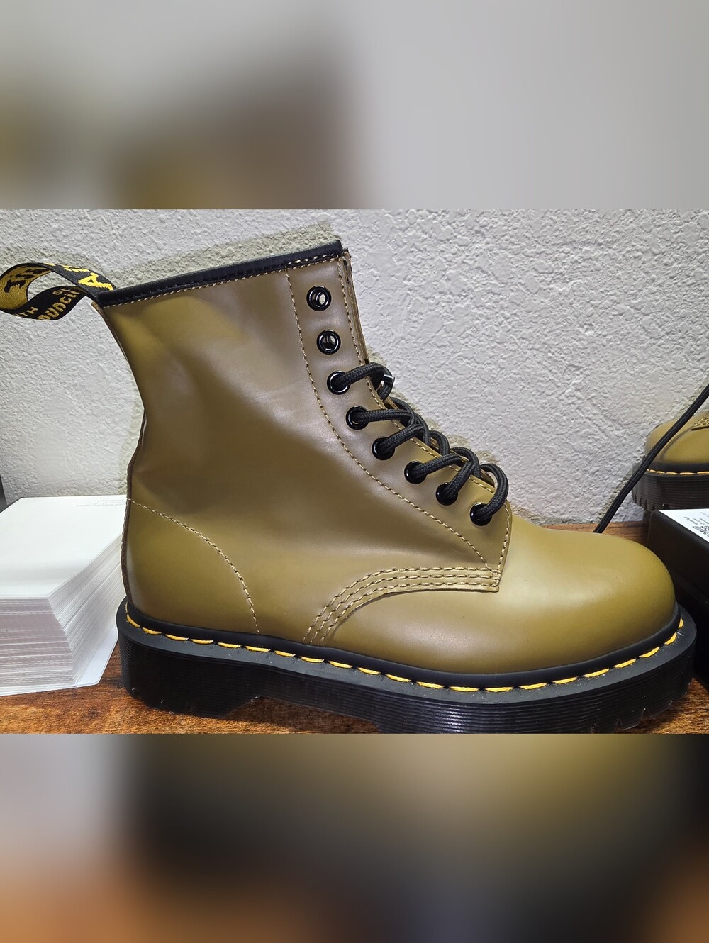 Dr. Martens Olive Green Leather Combat Boot with Yellow Stitching